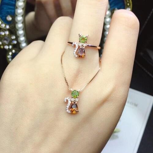 Cat shape yellow green tourmaline ring and necklace jewelry set real 925 silver natural gem child girl boy birthday gift