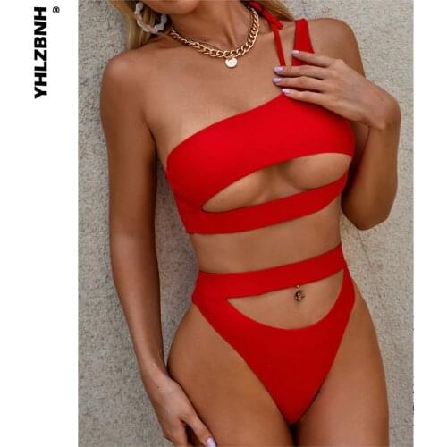 Meihuida Tight Two Piece Women Bikini Set One Shoulder Bandage Hollow Out Cut Out Bra Navel Briefs Swimming Suit For Ladies