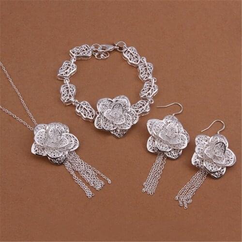 Hot 925 sterling Silver fine elegant flower Pendant necklace earrings bracelet Jewelry sets for women Fashion Party wedding Gift
