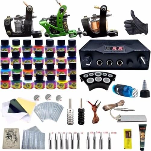 Complete Equipment 3 Tattoo Machine LCD Dual Power Supply 28 Ink Tattoo Needles Accessories Complete Kit