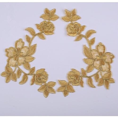 1 Mirror Pair Iron on Cheongsam Motif Gold SIlver DIY Venise Lace Applique Collar Trim Lady Dress Decoration DIY 21X14cm BD0732