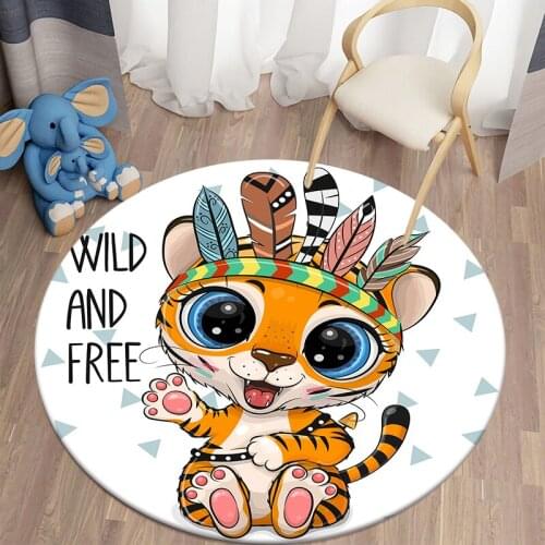 Kawaii Round Rug Cartoon Animal Tribe Carpet for Living Room Kids Room Lion Tiger Floor Mat Children Bedroom Area Rug