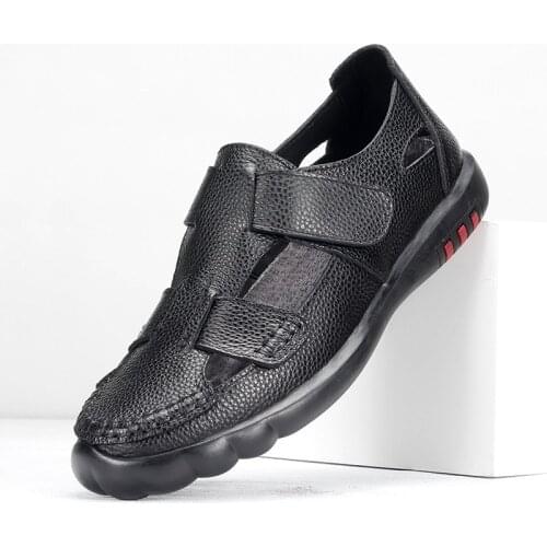 Vintage Mens Genuine Leather Sandals Shoes Summer 2021 New Casual Soft-soled Beach Shoes Breathable Antiskid Loafers