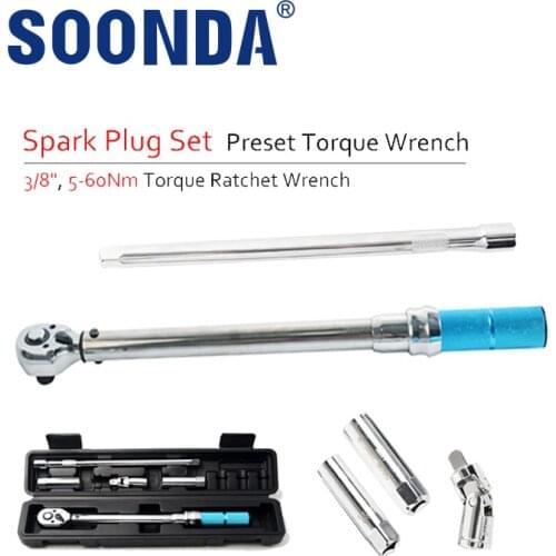 5 Pieces Spark Plug Set 3/8" 5-60Nm Preset Torque Wrench Torque Ratchet Wrench For Car Maintenance Tool 2 Piece Magnetic Sleeve