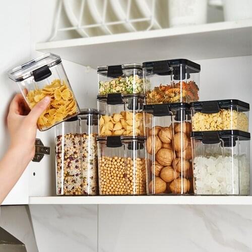4-Plastic Food Storage Container Spice Jar Set Kitchen Box Bulk Sealed Cans Refrigerator Vacuum Transparent Organizer for Cereal