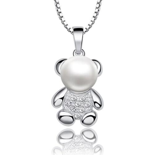 Sinya 925 sterling silver Pendant with Chain for women Natural freshwater pearl charm necklace choker lovely bear design Jewelry