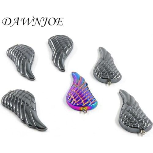 45*21mm Natural stone Hematite Wing Pendant Non-Magnetic Bead Zinc Alloy Charm Jewelry DIY Making Necklace Accessories Finding