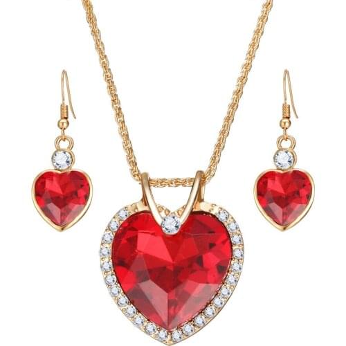 Romantic Wedding Jewelry Sets Gold-Color Chain with Rhinestone Colorful Crystal Heart Pendant Necklaces And Heart Drop Earrings