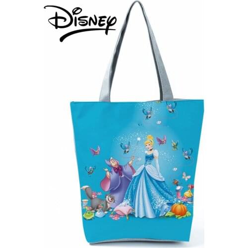 Disney Princess Printed Handbag Girl Cartoon Shoulder Bag High Capacity Women Shopping Bag Cinderella Storage Bag Blue Beach Bag