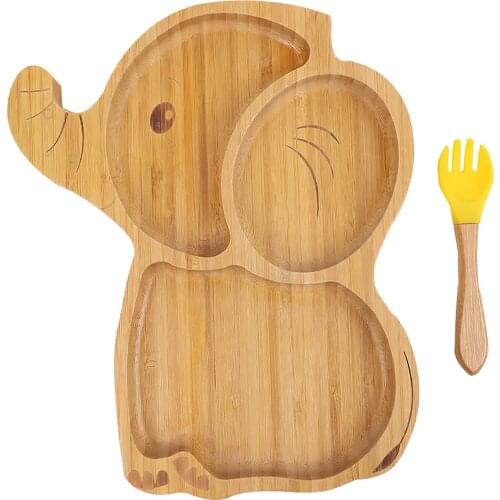 Elephant Dinner Plate Wooden Cute Picnic Food Tray With Spoon 3 Grids Food Dish Fruit Tray Snack Plate For Kids Kindergarten