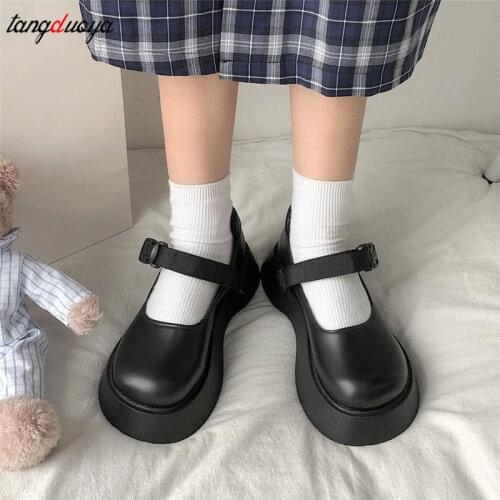 Lolita Shoes cute College style Platform Shoes Women Mary Janes Shoes Black Leather Shoes Buckle Low Heels Girls Shoes Spring