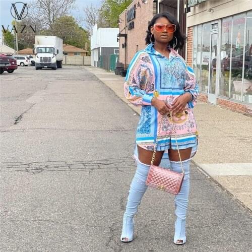 VAZN Straight Party Going Out Wear V-neck Beach Wind Print Vestido Full Sleeve Young Dress Mature Fashion Dress