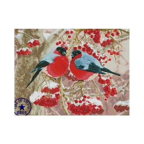 Top Quality Lovely Cute Counted Cross Stitch Kit Winter Robin Robins and Cherry Berry Berries, Winter Snow Birds