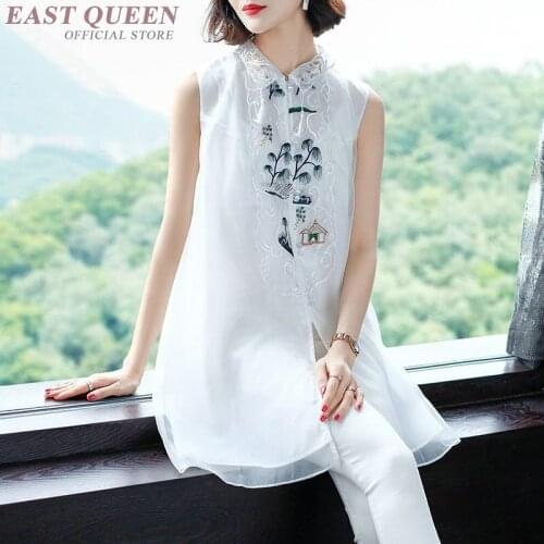 New Chiffon Blouse Embroidery White Shirts Stand Collar Short Sleeve Long Shirt Female Tunic Women Tops Summer 2019 TA1711