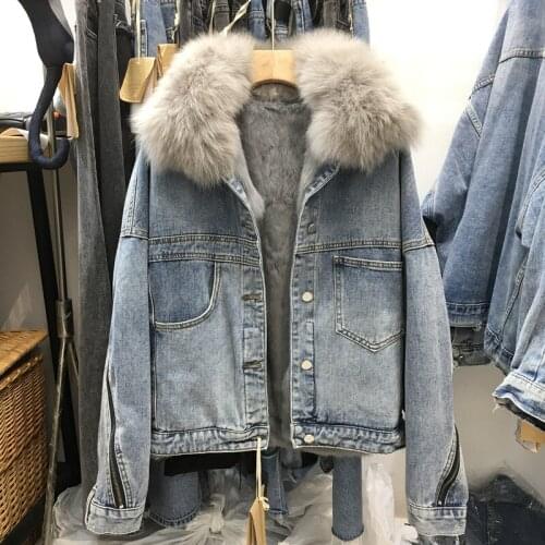 Rabbit fur liner real fox fur collar denim short jacket women 2020 new winter zipper plus velvet thick fur
