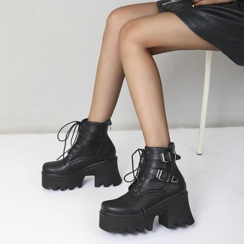 Sianie Tianie Winter Women Shoes Ins Popular Square Toe Chunky High Heels Platform Boots Double Buckle Strap Punk Martin Boots