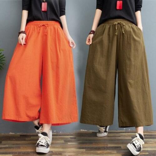 Womens Linen Cotton Casual Large Size Pants Plus Size Pant With Band Waist Summer Trousers d88