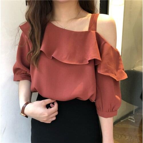 Womens Spring Summer Style Chiffon Blouses Shirt Womens Solid Skew Collar Ruffles Elegant Temperament Casual Tops DD8578
