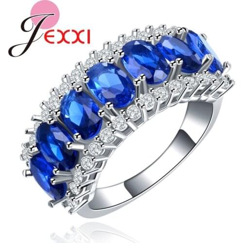Women Classic Blue CZ Crystal Wedding Finger Ring Fashion Bands Jewelry Silver Engagement Ring Bague