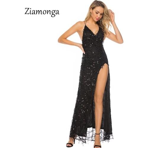 Ziamonga Elegant Women Sexy Gold Shiny Sequin Long Evening Maxi Dress V-Neck Strap Mopping Split Long Dress Clubwear Vestidos