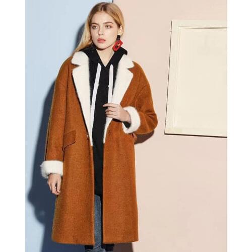 Fall Winter 2021 New Women Patchwork Brown Woolen Coat , Korean Style Fashion Loose Long Wool Coats for Woman Clothing