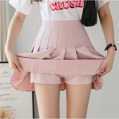 2021 Simple High Waist Skirt Women Summer Autumn Solid Color Pleated Short Anti Walking Light Pants A-word Plaid Uniform Youth