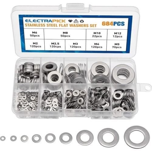 684pcs Stainless Steel Washers Flat Gasket Washers Locking Washers Assortment Kit M2 M2.5 M3 M4 M5 M6 M8 M10 M12 9 Sizes