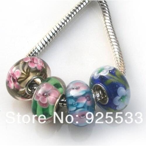Free Shipping 8pcs High Quality 14mm Big Hole Murano flower Style Glass Beads fit European Jewelry Bracelet Necklace