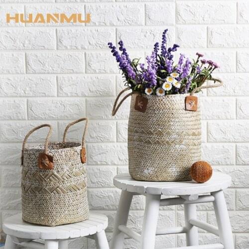 2Pcs/Set Handmade Bamboo Storage Baskets Natural Seagrass Wicker Basket Garden Flower Pot Laundry Basket Container Toy Holder