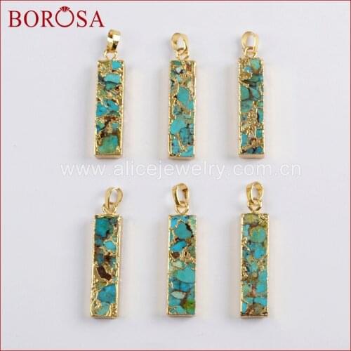BOROSA 5/10PCS Gold Color Rectangle Copper Turquoises Pendant Beads Metal Natural Blue Stone for Necklace Druzy Jewelry G1649