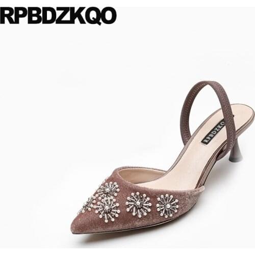 2018 sandals discount size 4 34 high quality velvet thin mules slipper pointed toe ladies mid heels shoes slingback pearl strap