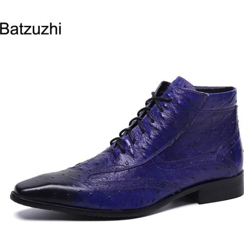 Batzuzhi Super Cool Mens Boots Small Square Toe Blue Genuine Leather Ankle Boots Men Lace-up Business/Party Botas Hombre,38-46