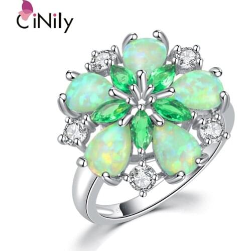 CiNily Luxury Green Fire Opal Stone Big Ring Silver Plated Clear White Flower Round Cubic Zirconia Crystal Gift for Women Girl