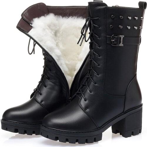 DM743 Winter new Genuine Leathe Martin boots women Mid-Calf platform boot wool and velvet woman military boots Botas Muje