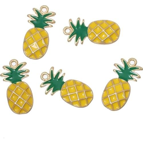 DoreenBeads Charm Pendants Pineapple Gold Color Yellow Green Enamel 23mm( 7/8") x 12mm( 4/8"), 10 PCs