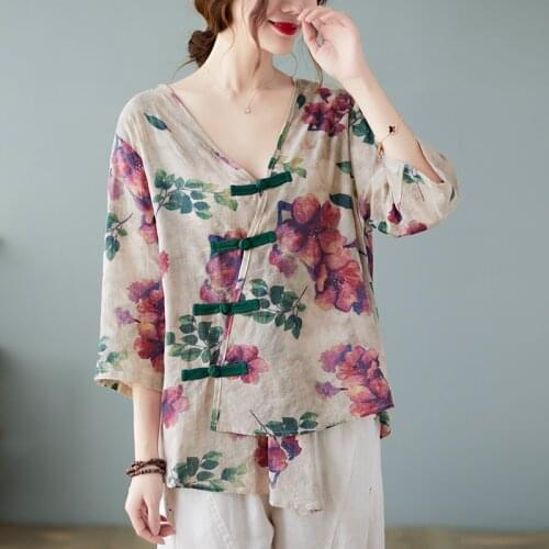 Women T shirt Cotton Linen Summer 2021 New Printed V-neck Half Sleeve Thin Vintage Casual Women Blouse YoYiKamomo