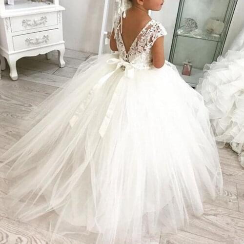 Cocomylody Princess Lace Ball Gown Bling Beaded Flower Girl Dress Girls Pageant Gowns NewBow First Communion Dresses For Weddi