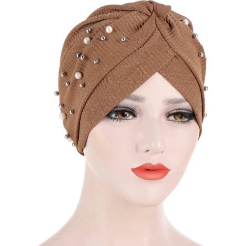 Muslim Turban Pearl Bead Muslim Women Turban Hat Scarf Banadans Cancer Chemo Beanie Caps Headwrap Ladies Hair Accessories Hot