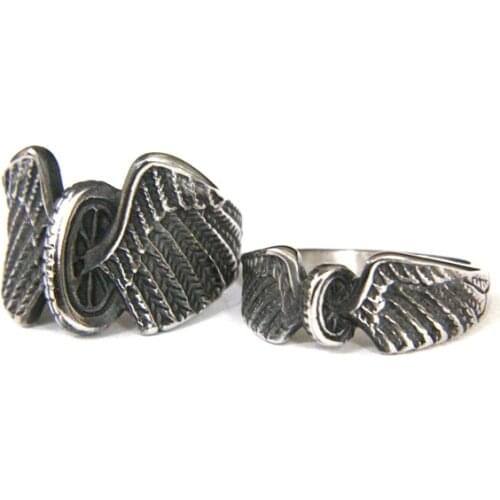 New Design Cool Wheel Wings Ring 316L Stainless Steel Large Size Mens Ring Fashion Punk Small Women Wings Ring