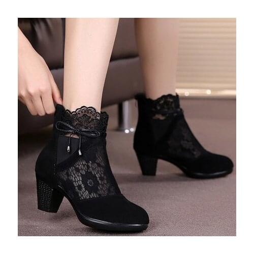 New Genuine leather spring and autumn Ladys boots medium womens hells shoes Lace boots