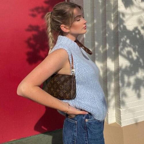 Solid Blue Fashion Knitted Sweater Vest Tops Jumper Mujer Pull Female Women Pullover Sweater Autumn Winter England Stylish