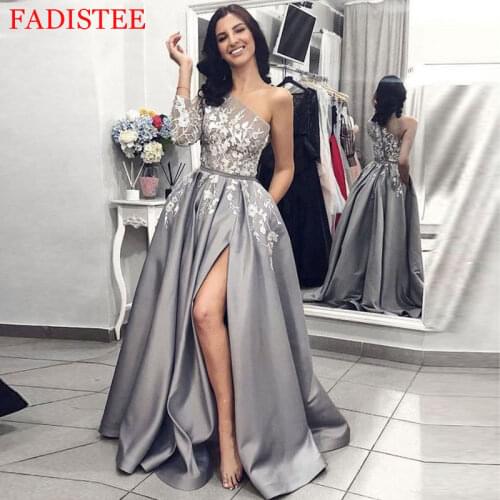 One Shoulder Lace Appliques Long Sleeves Satin Evening Dress Formal Prom Party Robe De Soiree Gown Sexy Side Slit