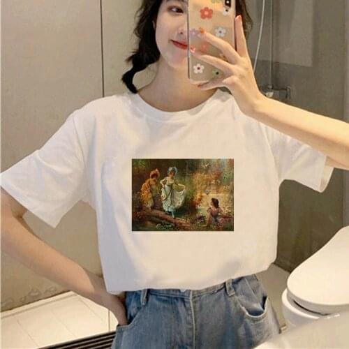 Hot New Women T-shirt 2021 Fashion Lady Oil Painting Printing Tee Harajuku Leisure Streetwear Female Simple Tshirt