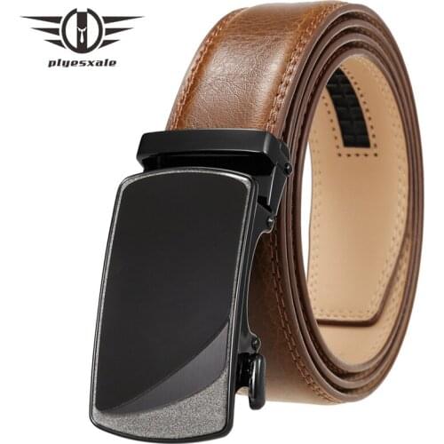 Plyesxale Mens Genuine Leather Belts Automatic Buckle Top Quality Fashion Male Black Red Brown Cowhide Trouser Strap Belt B747