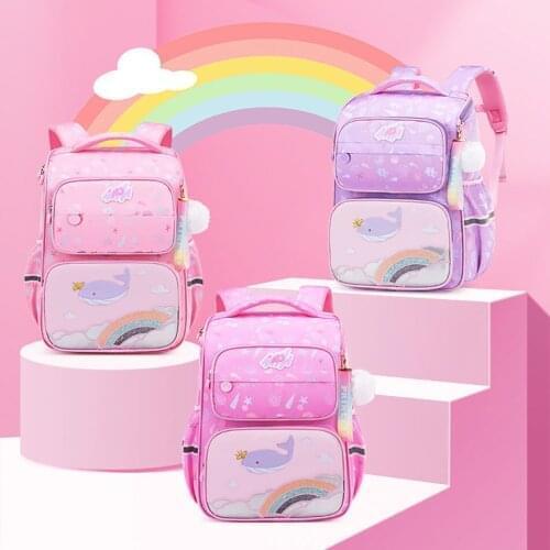 Pincess Girls Pink Color Schoolbag Primary Student Rainbow Backpacks Printed Whale Kids Spine Protection Large Capacity Backpack