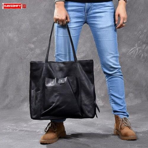 Imported Leather Large-capacity Men Handbag Leather Tote Bag Men Tide Tote Shoulder Messenger Bags Male Shopping Bags Black Soft