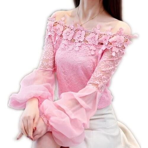 Spring 2019 Long Lantern Sleeves Women Tops Lace Sexy Slash Neck Women Chiffon Blouses Slim Blouse Female Shirts Blusas Q1286