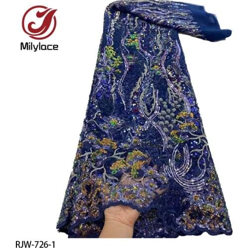High Quality African Lace Fabric 5 Yards Sequined Net Embroidery Lace Fabric French Net Lace for Bridal Dress Material RJW-726
