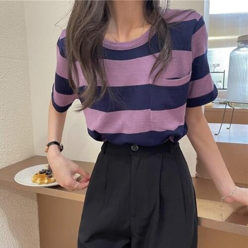 Summer 2021 New Korean Version Loose and Simple Contrast Color Striped Short T-shirt Knit Sweater Short Outer Wear Jacket Women