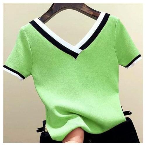 V-neck Green Girl Summer beauty Thin Office Lady Cloth Women T-shirts Knitting Crop Short Sleeve Stretchy T-shirt Ice silk Tops